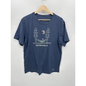 Life is Good Crusher Tee Men Medium Blue Short Sleeve Shipshewana Camping Travel